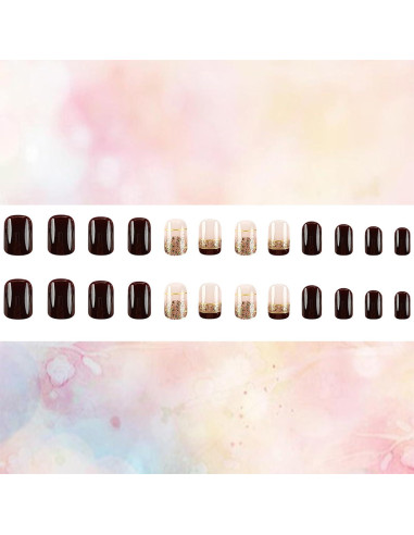 Uñas Postizas Cortas Francesas Marrón con Diseño de Oro - 24 Piezas