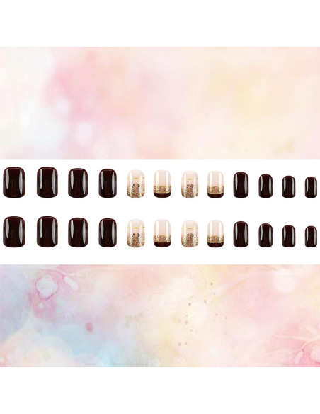 Uñas Postizas Cortas Francesas Marrón con Diseño de Oro - 24 Piezas