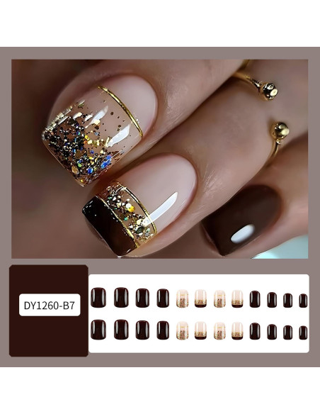 Uñas Postizas Cortas Francesas Marrón con Diseño de Oro - 24 Piezas