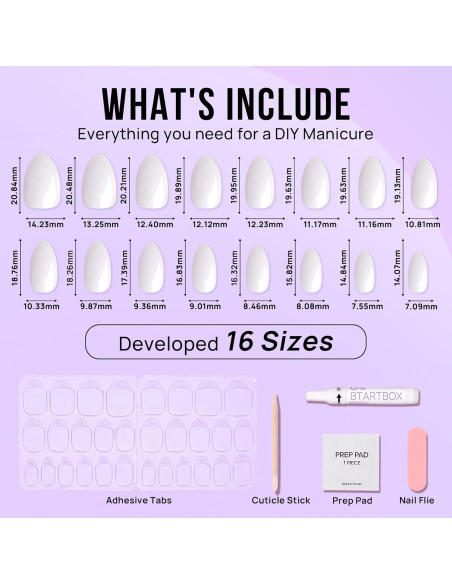 Uñas Postizas Cortas BTArtbox Blancas de Gel Almendra 16 Tamaños