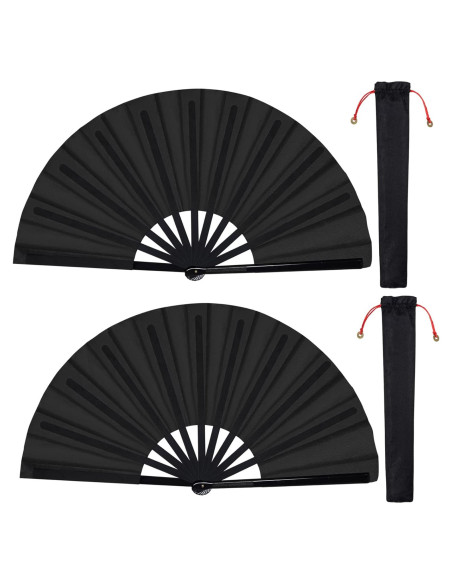 2 Abanicos Plegables de Mano Wobe Negro 64.5x34cm Kung Fu