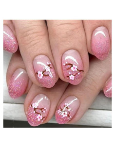 24 Uñas Postizas Acrílicas Flor Rosa Brillante Reutilizables