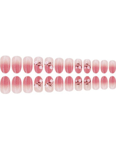 24 Uñas Postizas Acrílicas Flor Rosa Brillante Reutilizables 2