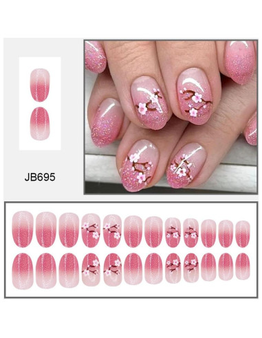 24 Uñas Postizas Acrílicas Flor Rosa Brillante Reutilizables