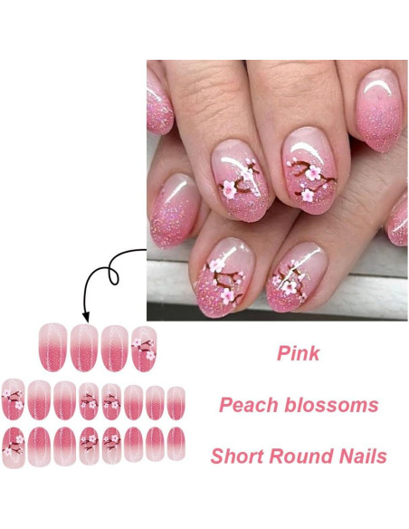 24 Uñas Postizas Acrílicas Flor Rosa Brillante Reutilizables