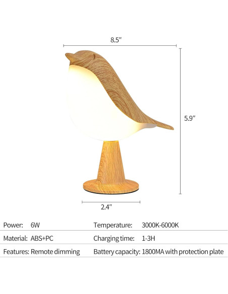 Lámpara de Escritorio HOGXUAE Pájaro LED Recargable 3 Colores