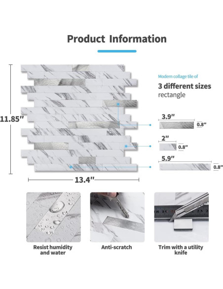 Azulejo Autoadhesivo Art3d 10 Hojas PVC 34x30 cm Blanco