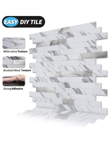 Azulejo Autoadhesivo Art3d 10 Hojas PVC 34x30 cm Blanco