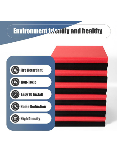 Paquete de 50 Paneles Acústicos 30x30 cm - Espuma Aislante Negra y Roja
