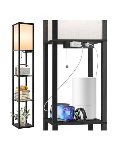 Lámpara de Pie LED OUTON con Estantes y Carga USB, Negra