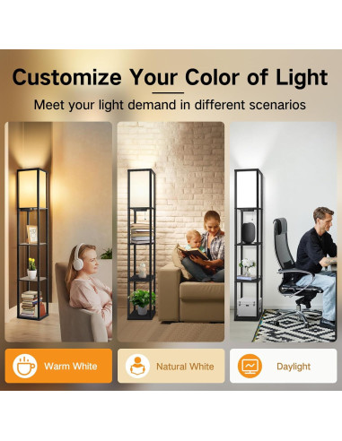 Lámpara de Pie LED OUTON con Estantes y Carga USB, Negra