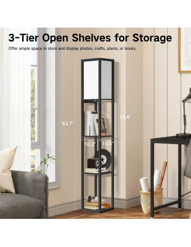 Lámpara de Pie LED OUTON con Estantes y Carga USB, Negra