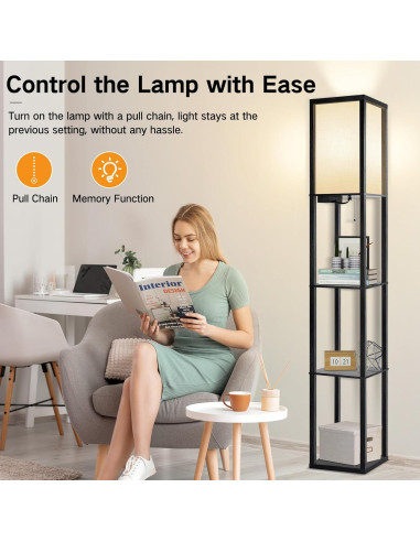 Lámpara de Pie LED OUTON con Estantes y Carga USB, Negra