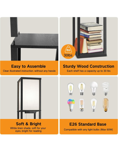 Lámpara de Pie LED OUTON con Estantes y Carga USB, Negra