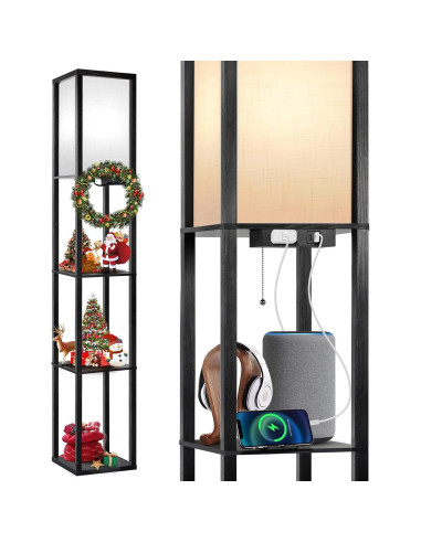 Lámpara de Pie LED OUTON con Estantes y Carga USB, Negra