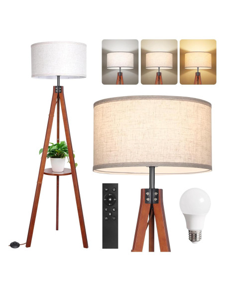 Lámpara de Pie Dimmable OUTON de Madera con Estante 150 cm