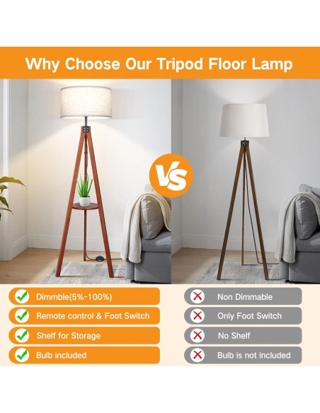 Lámpara de Pie Dimmable OUTON de Madera con Estante 150 cm