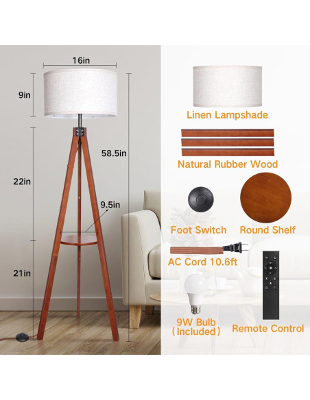 Lámpara de Pie Dimmable OUTON de Madera con Estante 150 cm