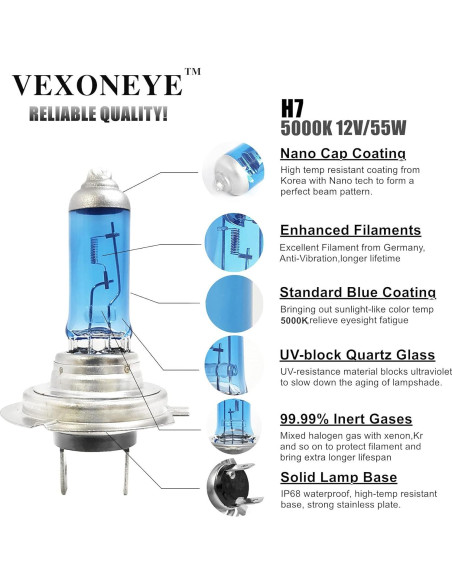 Paquete de 4 Bombillas Halógenas H7 12V 55W VEXONEYE 5000K