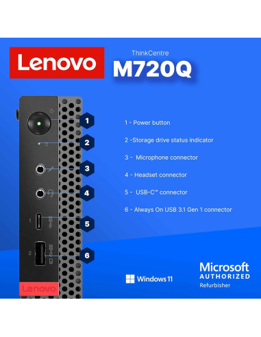 Lenovo ThinkCentre M720Q Mini PC | Intel i5-8400T | 8GB RAM + 250GB SSD | Windows 11 Pro | Compacta
