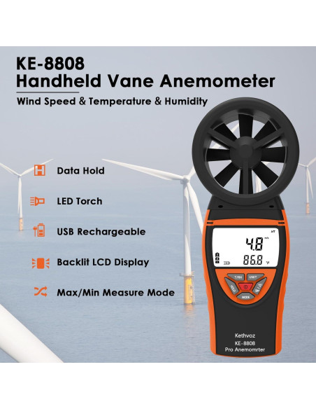 Anemómetro Digital Kethvoz KE-8808 - Medidor de Viento 0.3-30m/s