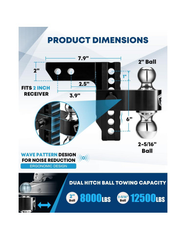 Enganche de Remolque Kohree Ajustable 6" Doble Bola 5,670 kg