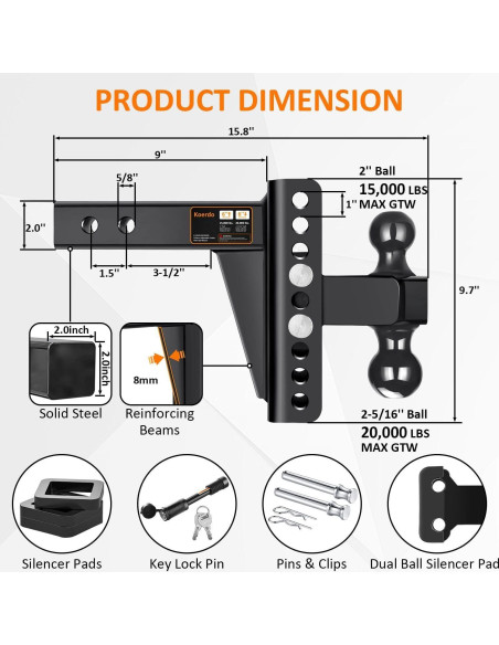 Enganche de Remolque Ajustable Koerdo 6" Caída 2" y 2-5/16"
