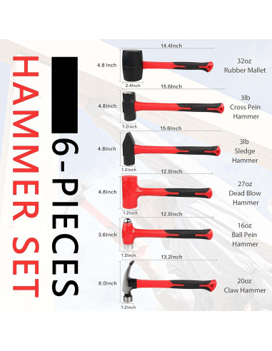 Juego de Martillos C&T 6 Piezas con Mango de Fibra de Vidrio
