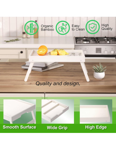 Bandeja de Cama Plegable Fibogollo 2 Pcs Bambú Blanco 40x30cm
