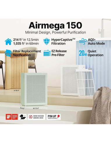 Purificador de aire Coway Airmega 150, 19.9 m, HEPA, Blanco