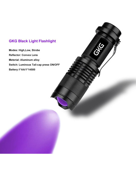 Linterna UV GKG Mini 2 Pack 395nm 3 Modos Zoom 9.1cm