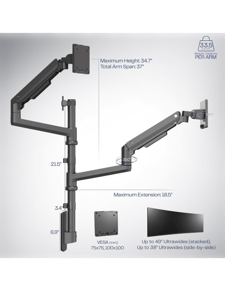 Soporte de Pared Doble Neumático VIVO para Monitores Ultrawide