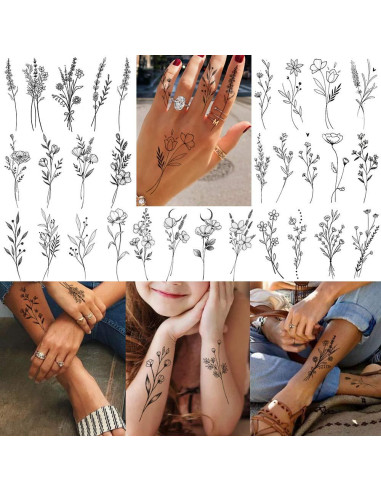 15 Hojas Tatuajes Temporales FANRUI Flores Negras 10x6cm