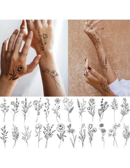 15 Hojas Tatuajes Temporales FANRUI Flores Negras 10x6cm