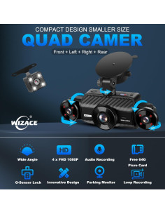 Cámara Dash WIZACE 4 Canales 1080P Visión 360 con SD 64GB 2