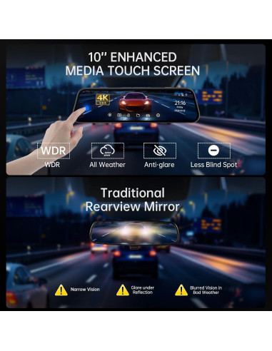 Cámara Dash Veement VT10 4K 10" con Respaldo 1080P y SD 32GB