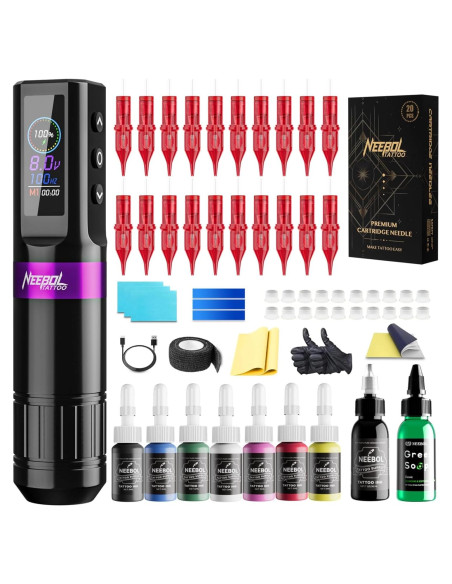 Kit de Tatuaje Inalámbrico Neebol para Principiantes - 20 Agujas, 8 Tintas