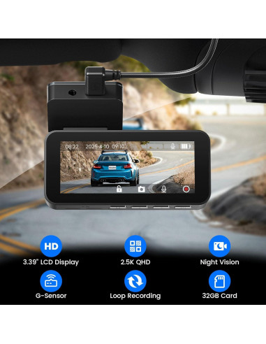 Cámara Dash 2.5K Yonvim con Pantalla IPS 3.39" y 32GB