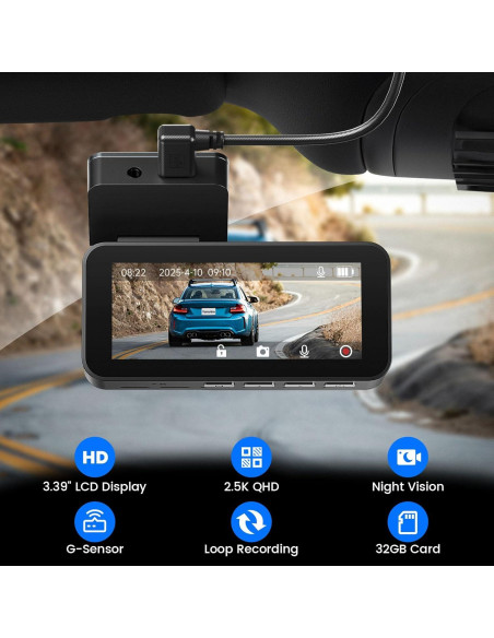 Cámara Dash 2.5K Yonvim con Pantalla IPS 3.39" y 32GB