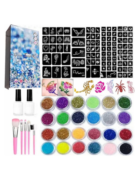 Kit de Tatuajes Temporales de Brillo Wxfhtda - 24 Colores, 187 Plantillas