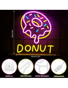 Letrero de Neón Donut Hoteam 38 cm Luz LED Decorativa 2