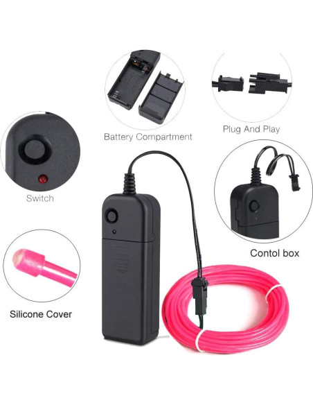Cable EL Neón Rosa 5m MaxLax - Tira de Luz Portátil LED