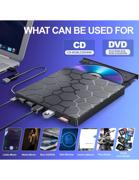 Unidad Externa de CD/DVD BPAKDU 8 en 1 USB 3.0 Negra