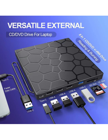 Unidad Externa de CD/DVD BPAKDU 8 en 1 USB 3.0 Negra