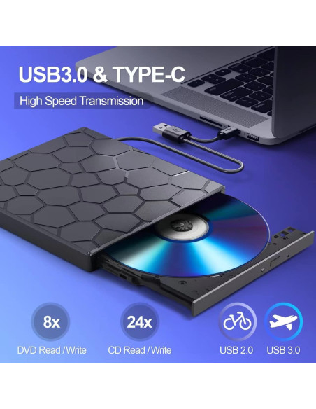 Unidad Externa de CD/DVD BPAKDU 8 en 1 USB 3.0 Negra