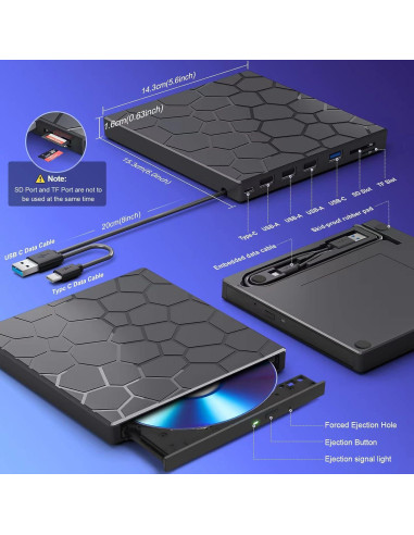 Unidad Externa de CD/DVD BPAKDU 8 en 1 USB 3.0 Negra