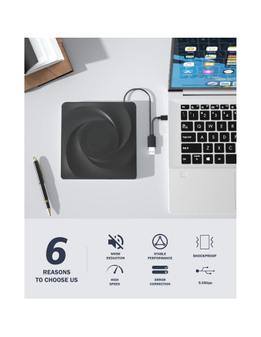 Unidad Externa de CD/DVD Wbacon USB 3.0 Negra 331.7g