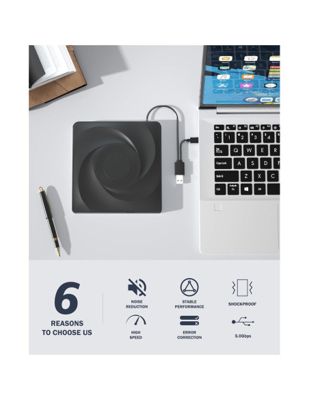 Unidad Externa de CD/DVD Wbacon USB 3.0 Negra 331.7g