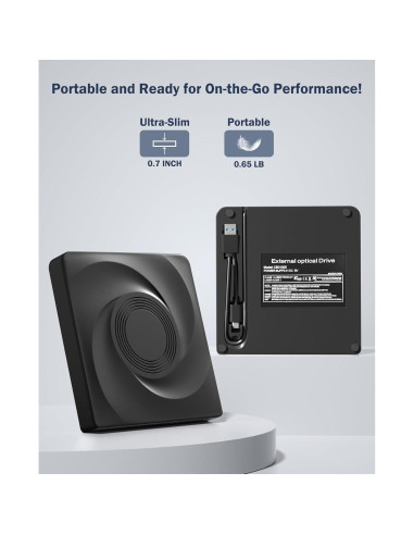 Unidad Externa de CD/DVD Wbacon USB 3.0 Negra 331.7g