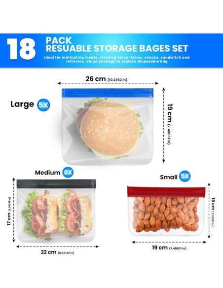 Paquete de 18 Bolsas de Almacenamiento Reutilizables PEVA